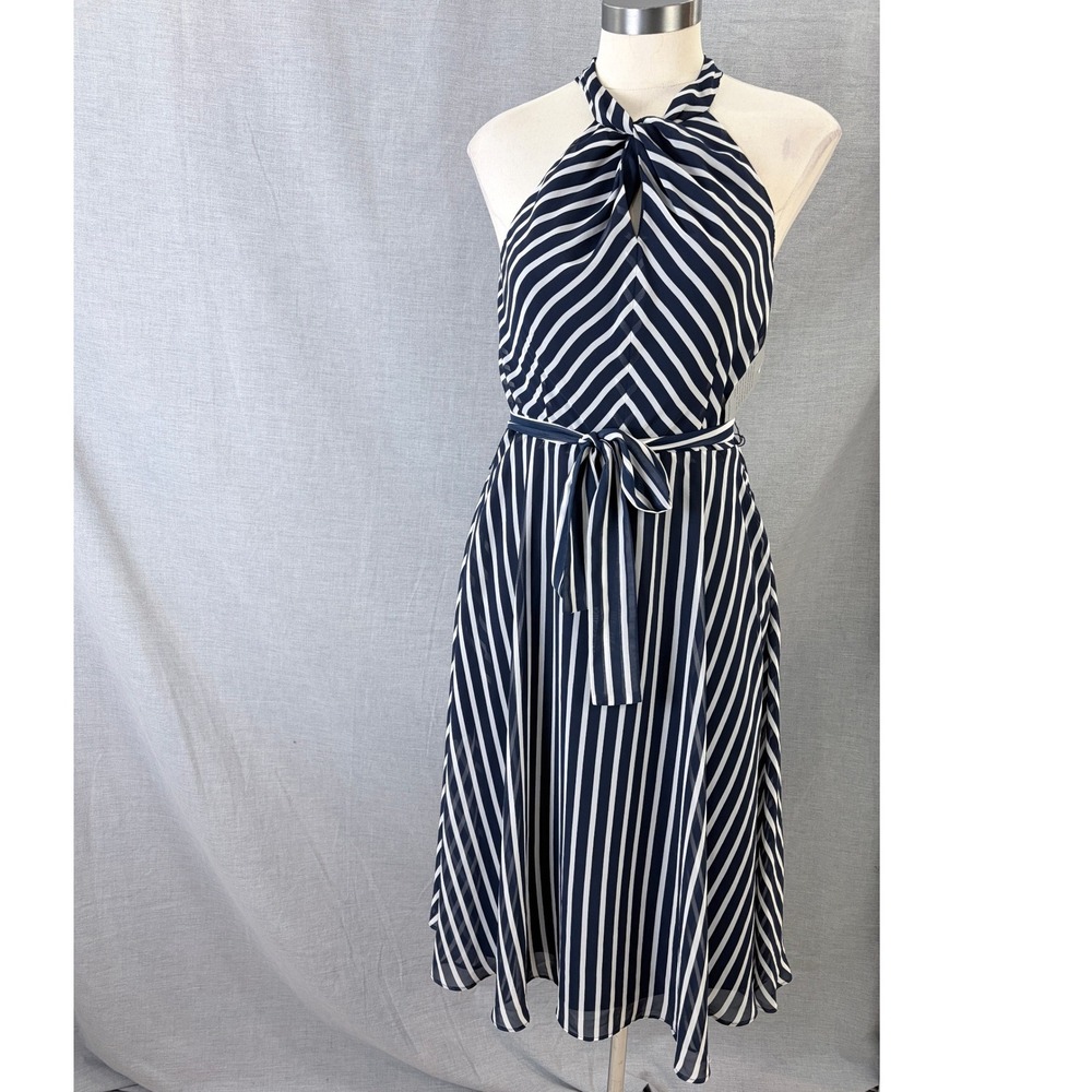 NWT Julia Jordan Navy White Stripe Halter Twist Midi Dress Size 4